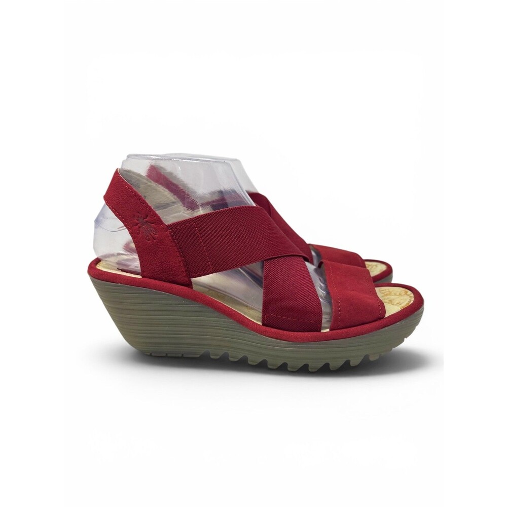 Fly London Yaji Women's Sz EU 38/US 7.5-8 Red Suede Stretch Strap Heeled Sandals